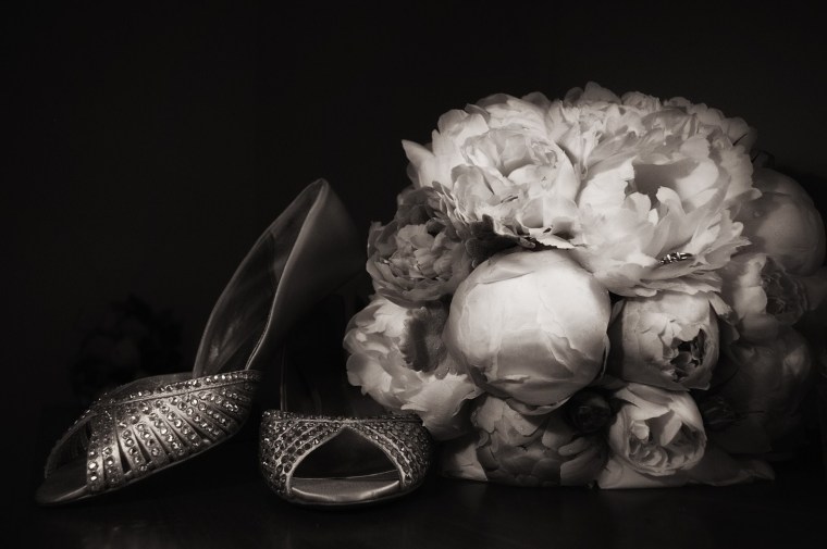 Wedding, bouquet, trinkets, black and white photography